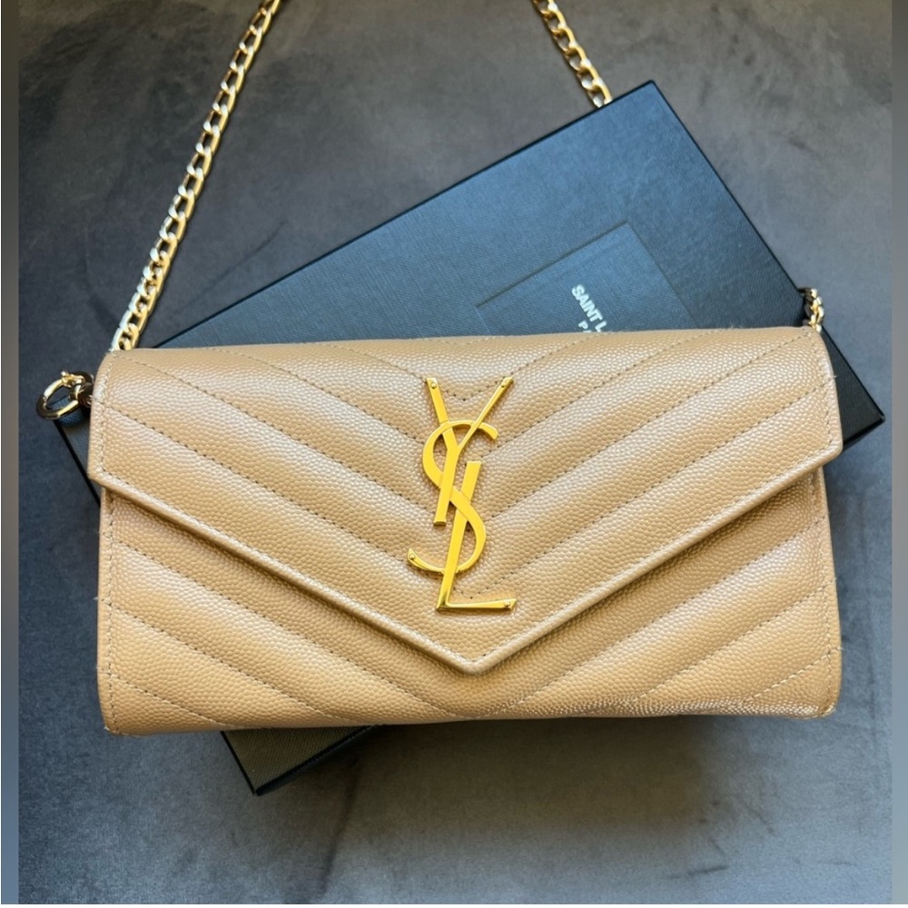 Beige Saint Laurent Cassandre Envelope Flap Wallet on Chain
